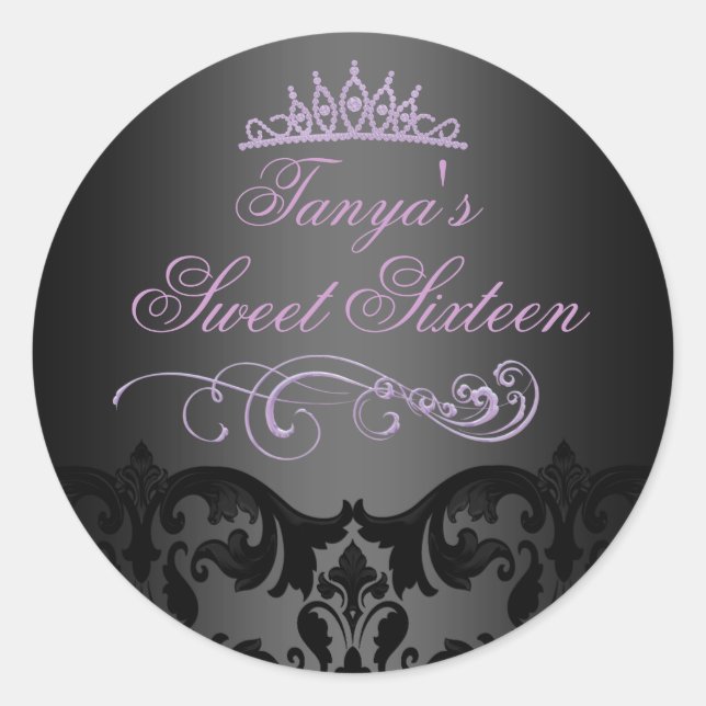 Purple Swirl Damask Sweet 16 Envelope Sticker/seal Classic Round Sticker (Front)