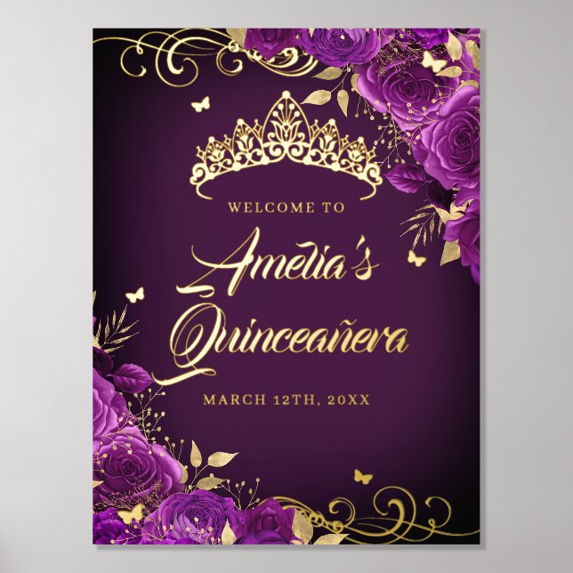 Purple Swirl Quinceanera Welcome Sign Gold   (Front)