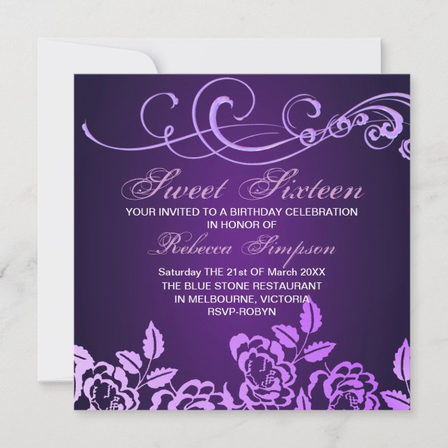 Purple Swirl & Rose Sweet 16 Birthday Invitation (Front)