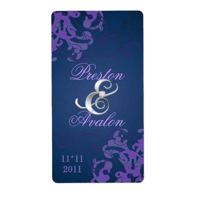 Purple Swirl Silver Jewel Blue Wedding Wine Label (Front)