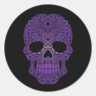 Purple Swirling Sugar Skull on Black Classic Round Sticker