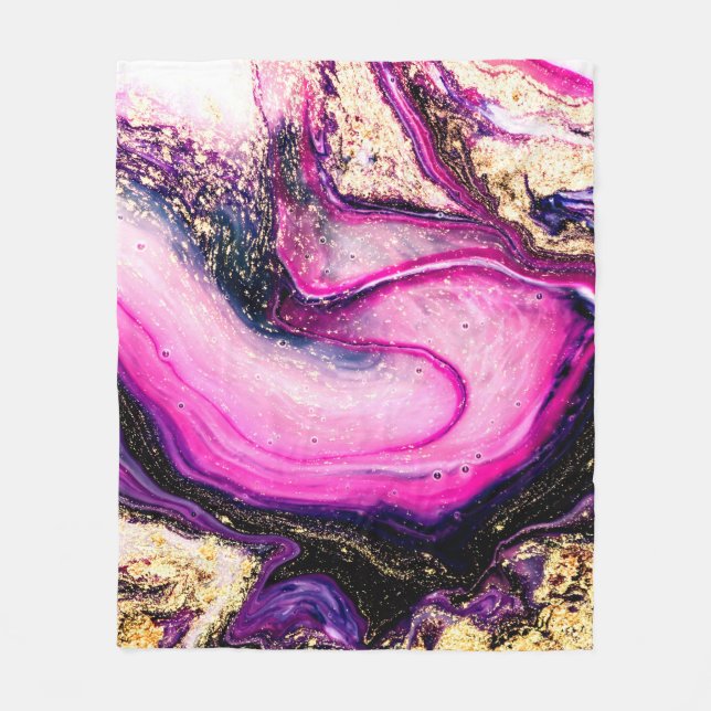 Purple swirls marble with glitter gold fleece blanket (Front)