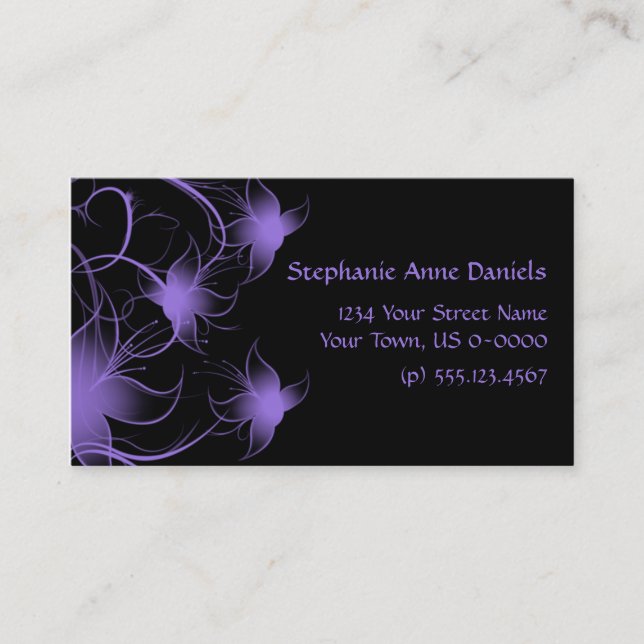 Purple Swirly Flowers on Black Business Card (Front)