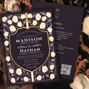 Purple Sword Shield Fantasy Wedding QR Code Invitation