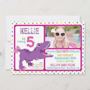 Purple T-Rex Dinosaur Polka Dot Birthday Invitation