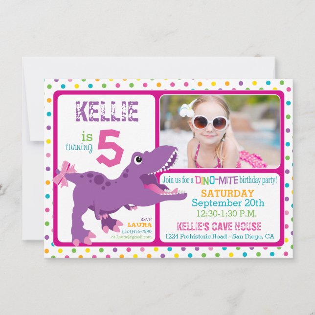 Purple T-Rex Dinosaur Polka Dot Birthday Invitation (Front)