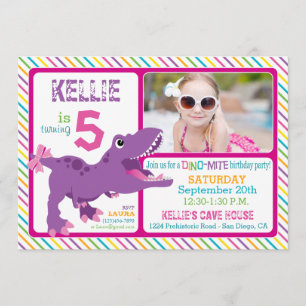 Purple T-Rex Dinosaur Stripe Birthday Invitation