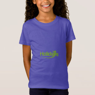 Purple t-shirt with "Holidays" in green text