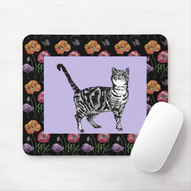 Purple Tabby Cat floral pattern Mouse Mat floral (With Mouse)