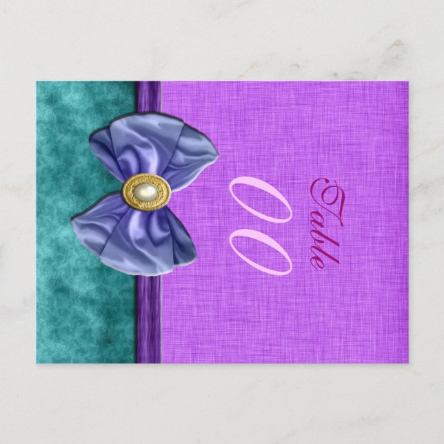 Purple "table number" teal wedding damask postcard (Front)