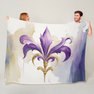 Purple Tan Fleur de Lis Watercolor Fleece Blanket