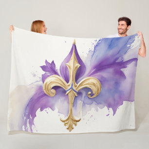 Purple Tan Fleur de Lis Watercolor Fleece Blanket