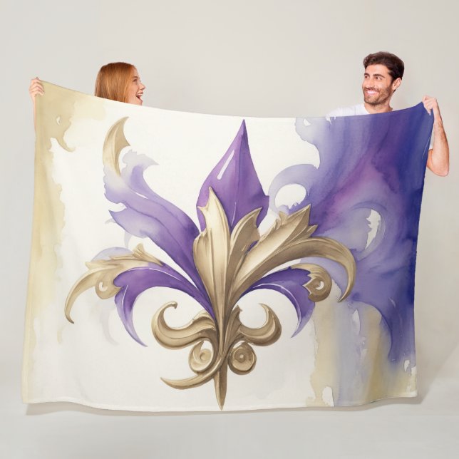 Purple Tan Fleur de Lis Watercolor Fleece Blanket (In Situ)