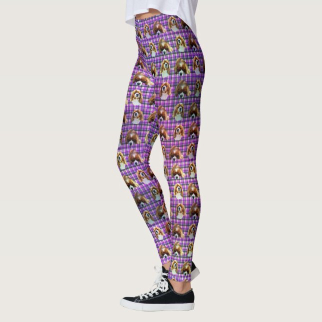 Purple Tartan Cavalier Spaniels, Ladies Leggings (Left)