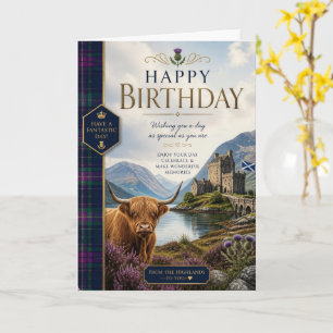Purple Tartan Highland Cow Birthday Card
