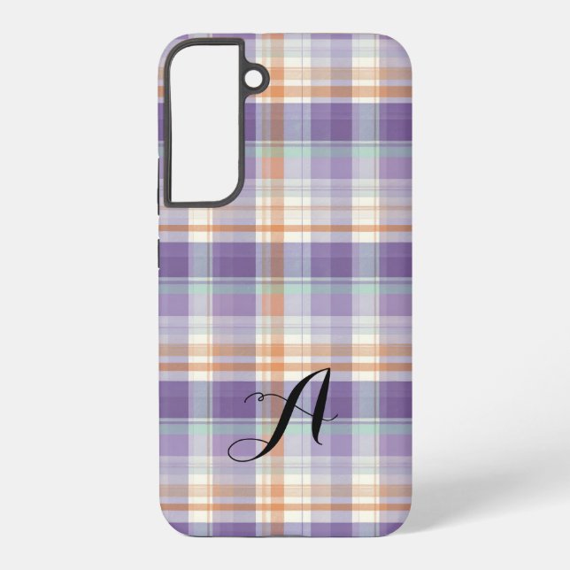 Purple Tartan Plaid Monogram Design Samsung Galaxy S22+ Case (Back)