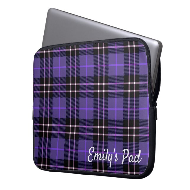 Purple Tartan Plaid With Name Laptop Sleeve (Front Left)