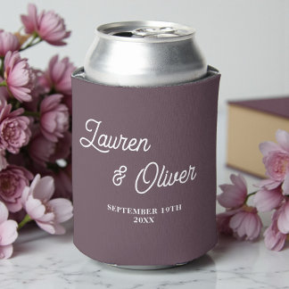 Purple Taupe Script Minimalist Wedding Can Cooler