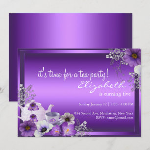 Purple Tea Party Kids Birthday Invitation