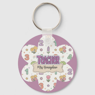 Purple Teacher School Numbers Pattern Key Ring