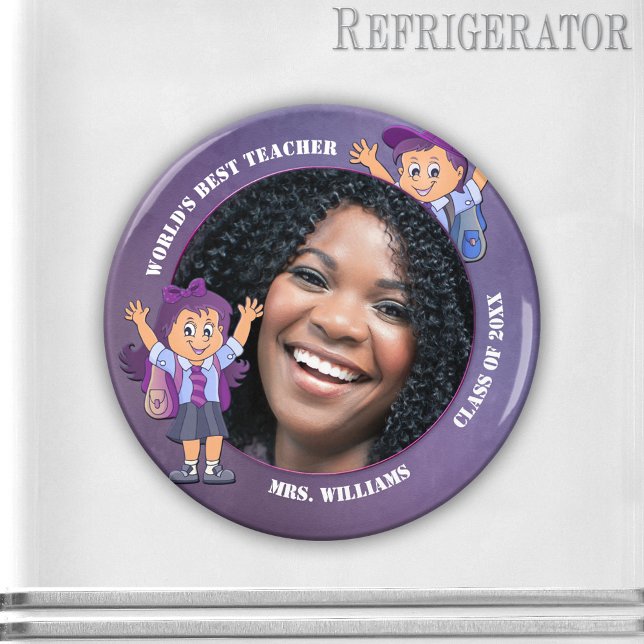 Purple Teacher Thank You Custom Photo Magnet (Cute photo frame magnet featuring a photo of your favorite teacher framed by a modern purple design )