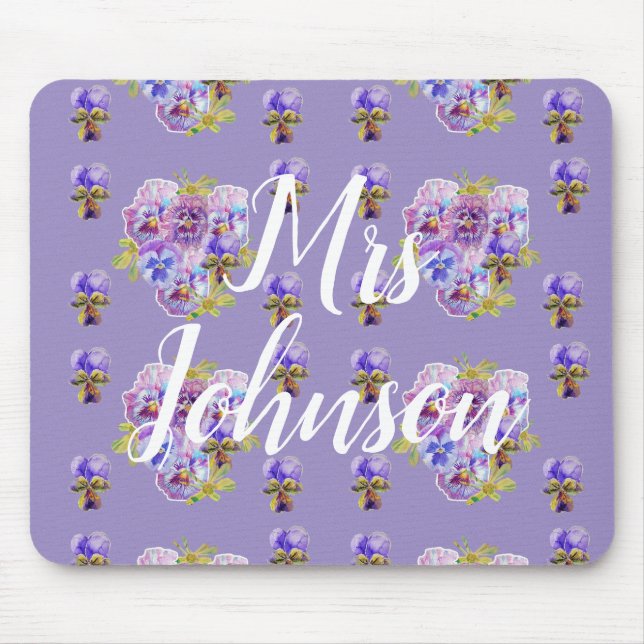 Purple Teachers Name floral Computer Mouse Mat Pad (Front)