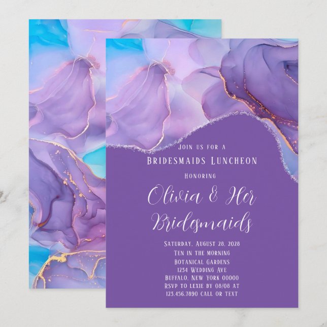 Purple Teal Alcohol Ink Bridesmaids Luncheon Invitation (Front/Back)