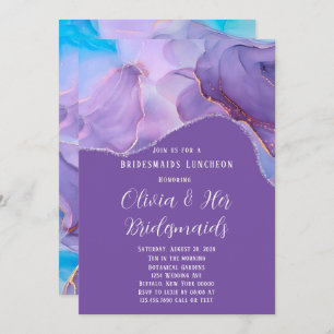Purple Teal Alcohol Ink Bridesmaids Luncheon Invitation
