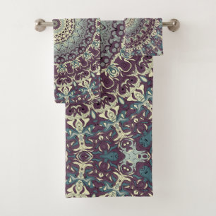 Purple Teal and Cream Mandala Pattern Bath Towel Set