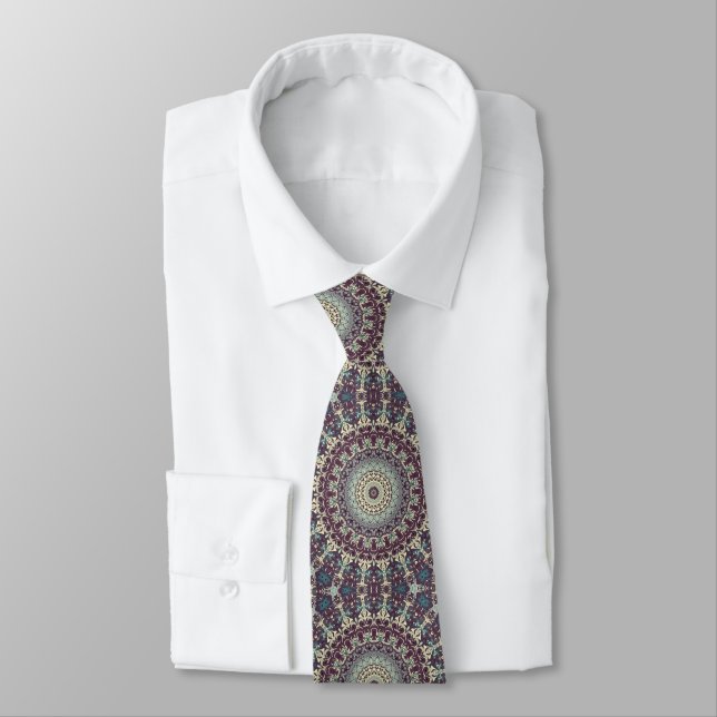 Purple Teal and Cream Mandala Pattern Tie (Tied)