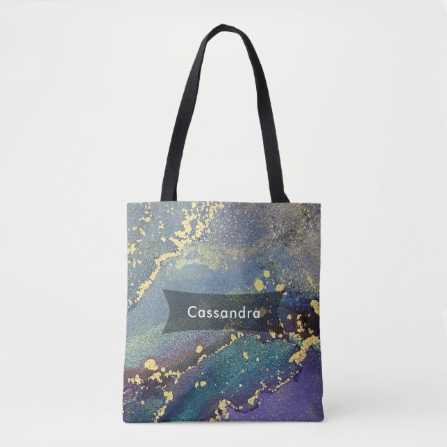 Purple, Teal and Gold Abstract Liquid Art Tote Bag (Front)
