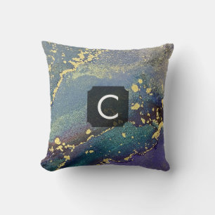 Purple, Teal and Gold Liquid Art Monogram Cushion