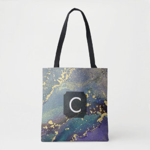 Purple, Teal and Gold Liquid Art Monogram Tote Bag