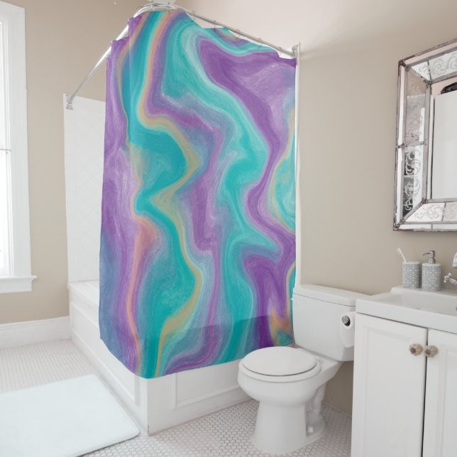 Purple, Teal and Gold Swirls Fluid Art Shower Curtain (In Situ)