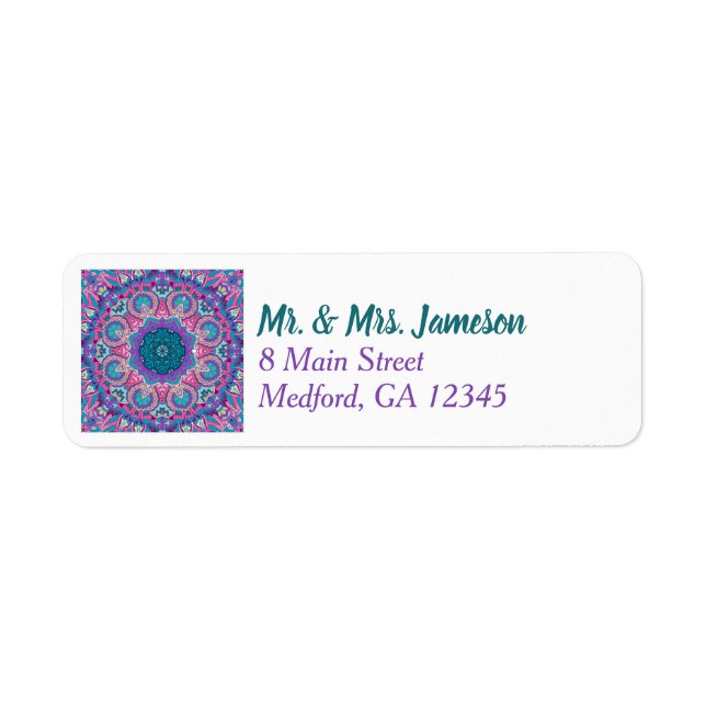 Purple, Teal and Hot Pink Floral Mandala Label (Front)
