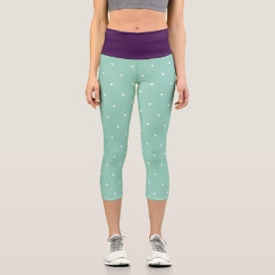 Purple Teal and White Geometric Polka Dots Capri Leggings