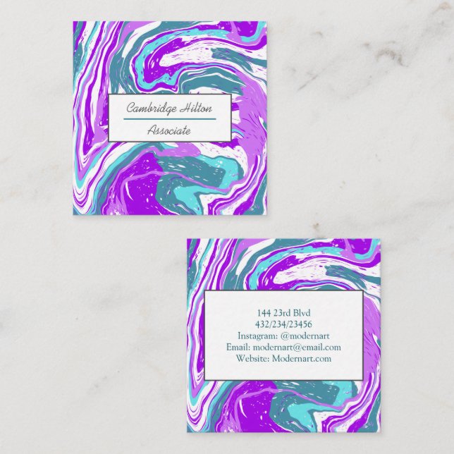 Purple Teal and White Marble Swirls Square Business Card (Front/Back)
