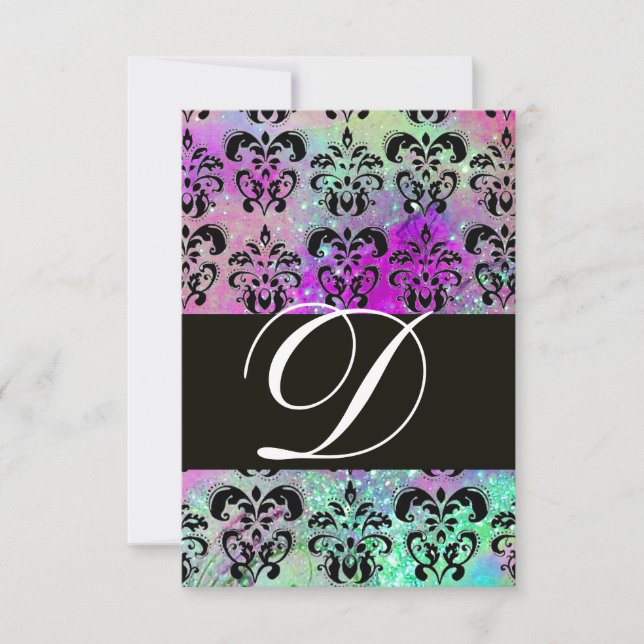 PURPLE TEAL AQUA BLUE  BLACK  DAMASK MONOGRAM RSVP (Front)