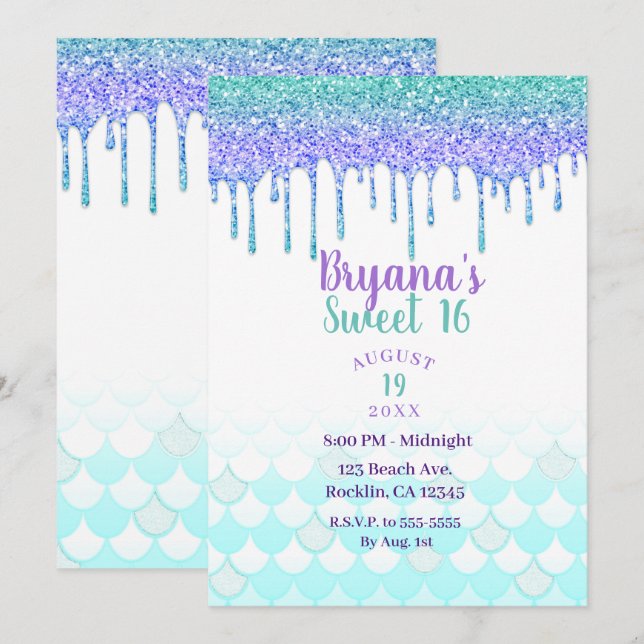 Purple & Teal Aqua Glitter Drip Mermaid Sweet 16 Invitation (Front/Back)