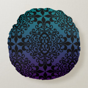 Purple Teal Black Damask Pattern Round Cushion