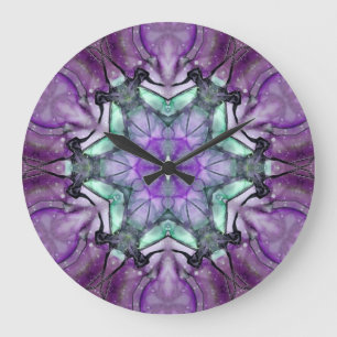  Purple Teal black floral star Snowflake   Large Clock