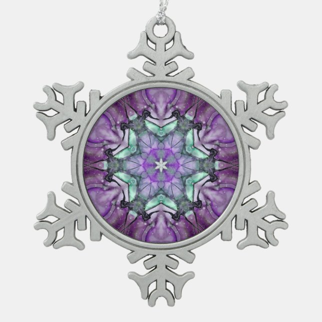  Purple Teal black floral star Snowflake  Snowflake Pewter Christmas Ornament (Front)