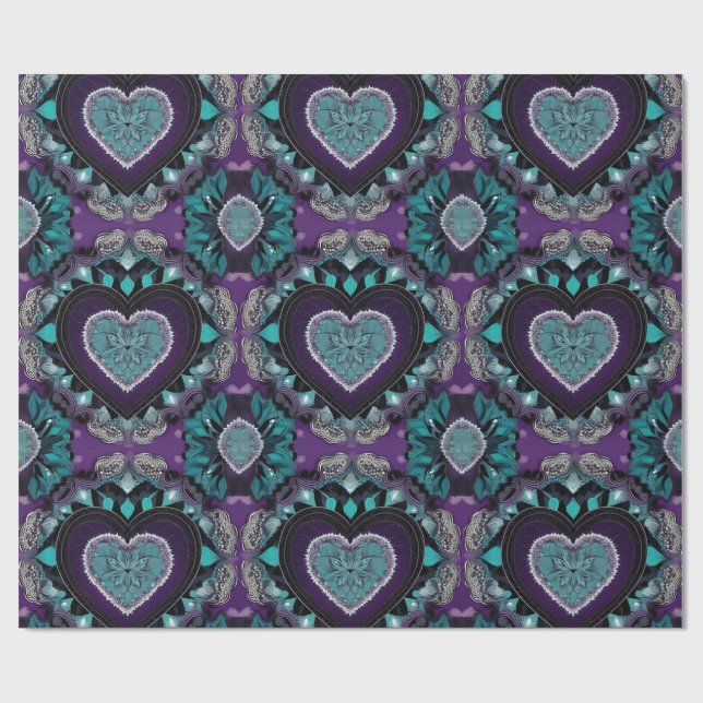 Purple, Teal & Black Valentine's Day Heart Mandala Wrapping Paper (Flat)