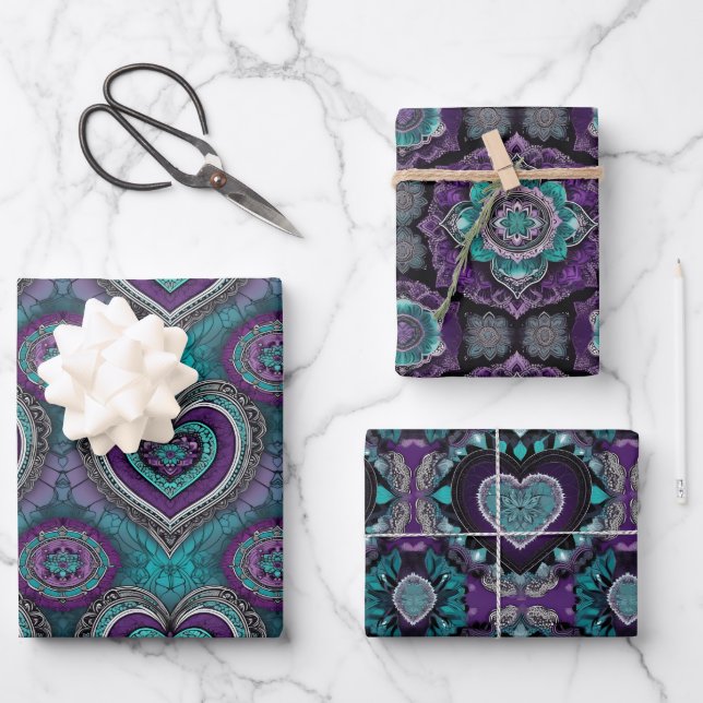 Purple, Teal & Black Valentine's Day Heart Mandala Wrapping Paper Sheet (Front)