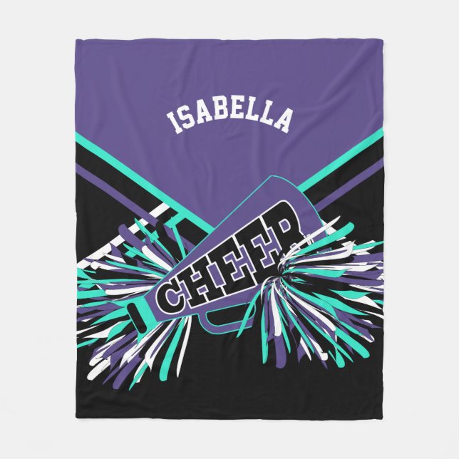 Purple, Teal, Black & White Cheerleader Design Fleece Blanket (Front)