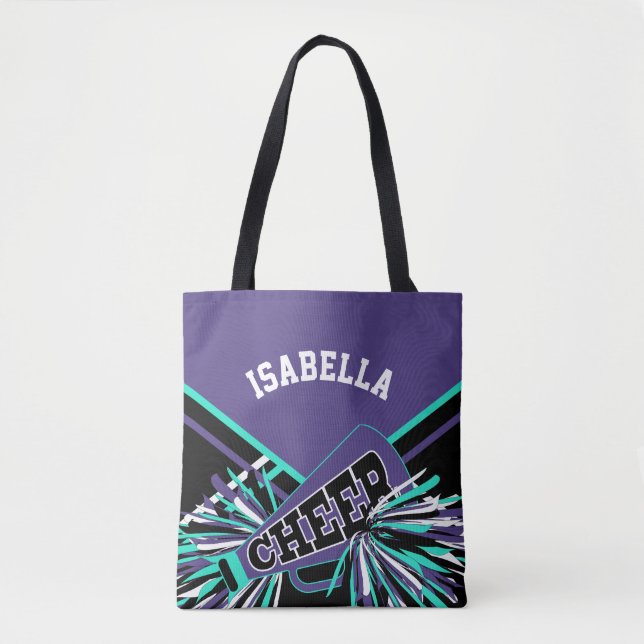 Purple, Teal, Black & White Cheerleader Design Tote Bag (Front)