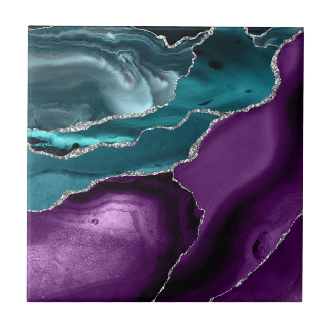 Purple Teal Blue Agate Silver Glitter Tile (Front)