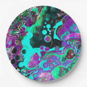 Purple, Teal, Blue, Black Colourful Abstract Fluid Paper Plate