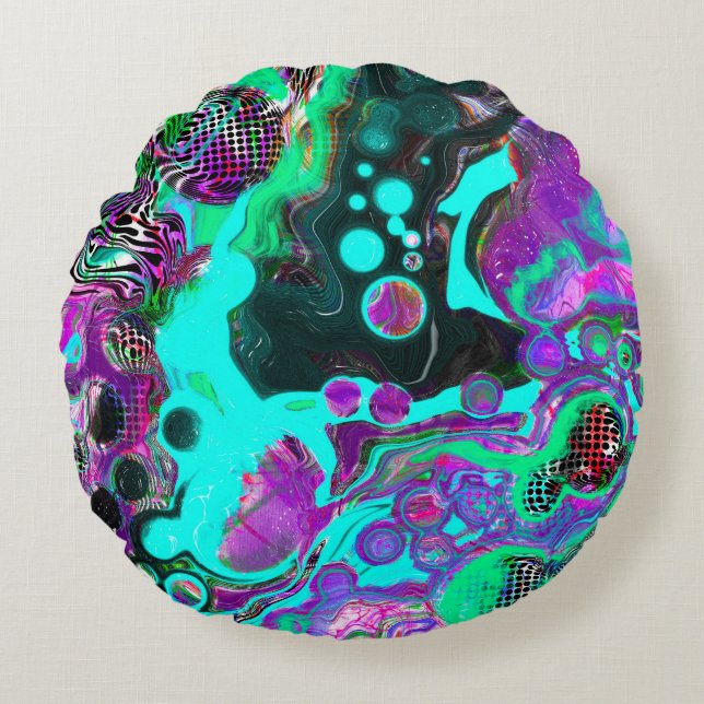 Purple, Teal, Blue, Black Colourful Abstract Fluid Round Cushion (Front)