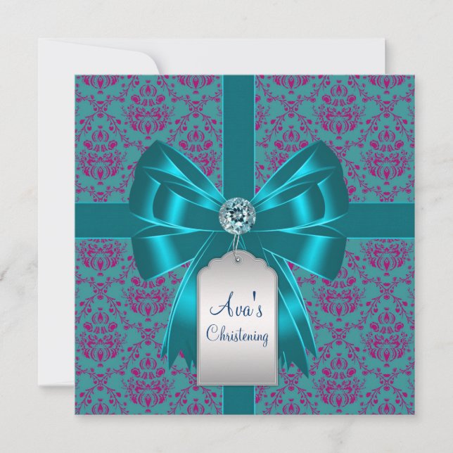 Purple Teal Blue Damask Baby Baptism Christening Invitation (Front)